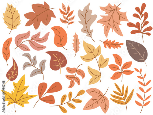 Set of colorful autumn leaves. Yellow red orange and brown tree branches and foliage. Falling leaves clip art, vector graphics