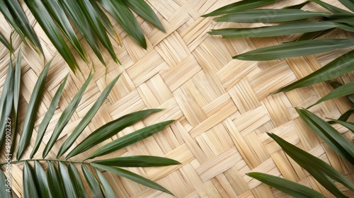 A rustic Filipino banig pattern with woven palm leaves in natural beige tones. The design is simple and geometric, with the woven patterns creating a sense of texture and depth. The background is