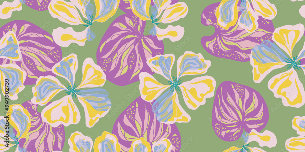 nasturtium flowers ornament stylized blooming linear elements natural motifs seamless overlapping endless pattern rapport vector