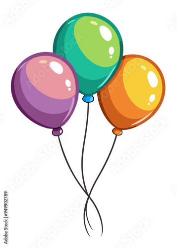 Three colorful balloons fly in the air against a white background
