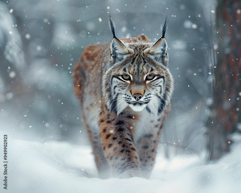 Obraz premium Stealthy Lynx Stalking Through Snowy Winter Woods Blending Perfectly With Surroundings