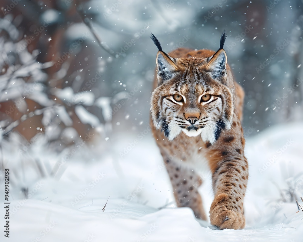 Fototapeta premium Stealthy Lynx Stalking Through Snowy Woods Blending Perfectly with Surroundings