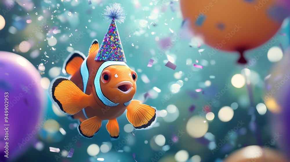 Happy Cute Animal Common Clown Fish Wearing a Clown Hat, Celebrating New Year Celebration or Fancy Birthday Party, Lots of Balloons with Shiny Ribbons. Happy Cute Animal Common Clown Fish Wearing a Clown Hat, Celebrating New Year Celebration or Fancy Birthday Party, Lots of Balloons with Shiny Ribbons.