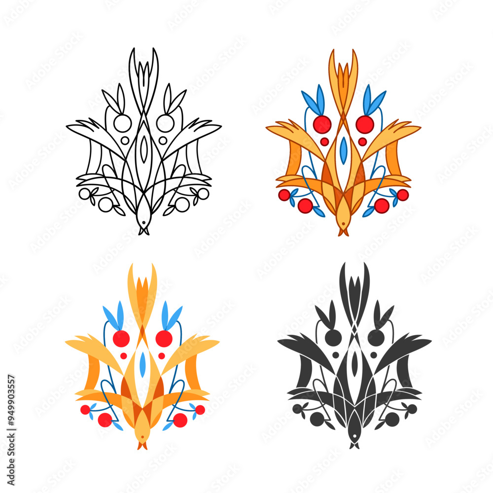 Fototapeta premium Stylized Ukrainian State Emblem Trident in line, colorful, monochrome styles.