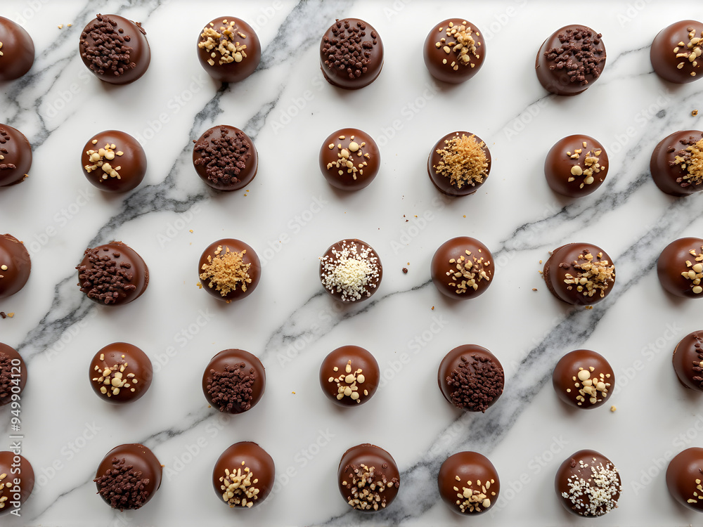 Close-up of various chocolate truffles arranged in a pattern on a white background. Suitable for luxury dessert branding, confectionery marketing, or menu designs. High-quality image.
Close-up of various chocolate truffles arranged in a pattern on a white background. Suitable for luxury dessert branding, confectionery marketing, or menu designs. High-quality image.