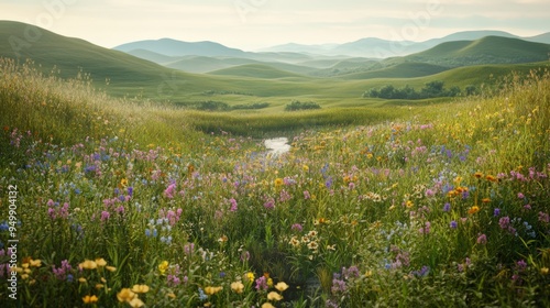 A lush, green meadow dotted with wildflowers in various colors. A gentle breeze rustles the tall grass, and a stream winds its way through the landscape. The background features rolling hills that