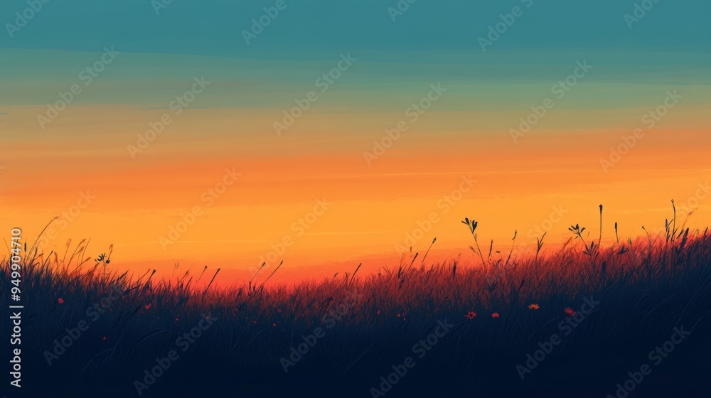 A peaceful meadow at dusk, with the last rays of sunlight casting a golden glow over the landscape. The grass is tall and sways gently in the breeze, with wildflowers adding splashes of color. The A peaceful meadow at dusk, with the last rays of sunlight casting a golden glow over the landscape. The grass is tall and sways gently in the breeze, with wildflowers adding splashes of color. The