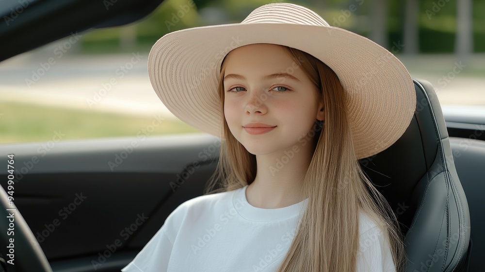 A cheerful woman wearing a hat and sunglasses drives her convertible on a bright summer day, radiating happiness against a vibrant, blurred backdrop A cheerful woman wearing a hat and sunglasses drives her convertible on a bright summer day, radiating happiness against a vibrant, blurred backdrop