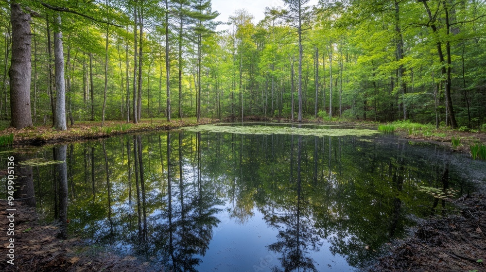 A tranquil forest clearing with a small pond surrounded by tall trees and wildflowers. The pond is calm and still, reflecting the surrounding trees and sky. The light filters through the leaves, A tranquil forest clearing with a small pond surrounded by tall trees and wildflowers. The pond is calm and still, reflecting the surrounding trees and sky. The light filters through the leaves,
