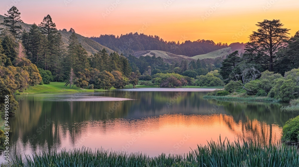 Fototapeta premium A serene lake at sunrise, with the first light of day casting a warm glow over the water. The lake is surrounded by tall trees and rolling hills, with the sky a soft gradient of pinks and oranges.