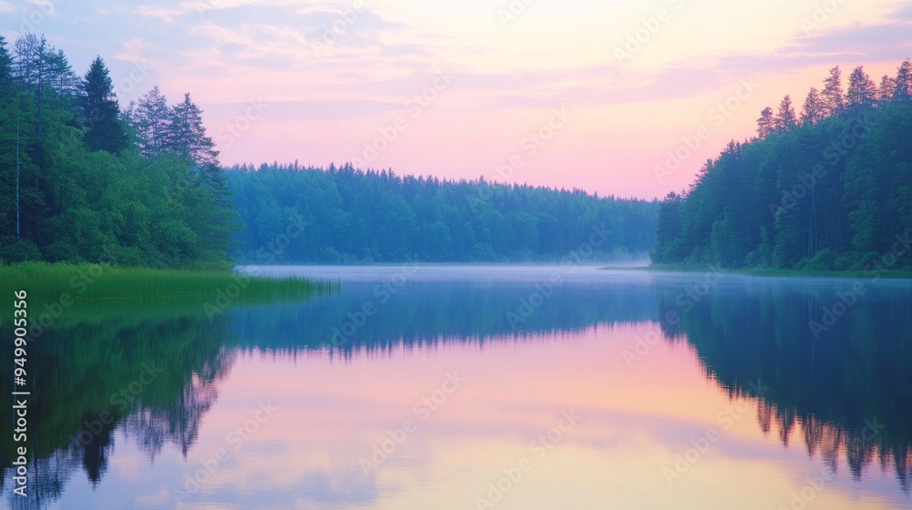 Fototapeta premium A serene lake at sunrise, with the first light of day casting a warm glow over the water. The lake is surrounded by tall trees and rolling hills, with the sky a soft gradient of pinks and oranges.