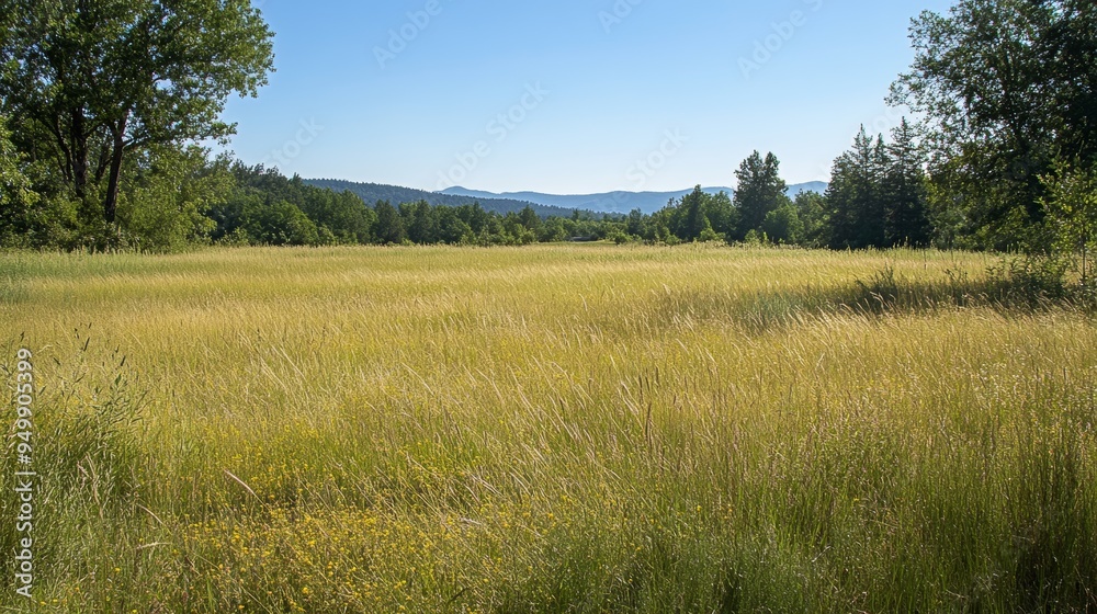 A peaceful meadow filled with tall grass and wildflowers, with a clear blue sky overhead. The grass sways gently in the breeze, and a few trees dot the landscape in the distance. The sunlight bathes A peaceful meadow filled with tall grass and wildflowers, with a clear blue sky overhead. The grass sways gently in the breeze, and a few trees dot the landscape in the distance. The sunlight bathes