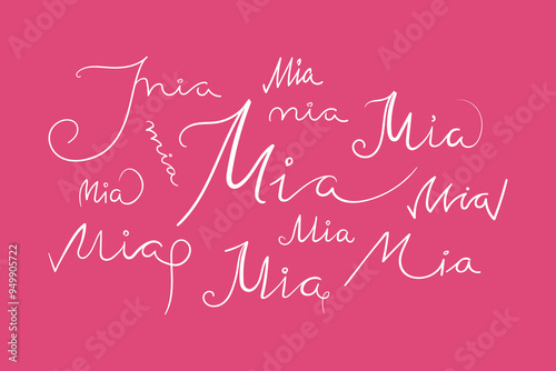 Female name Mia written in different scripts. Girls name Mia handwritten lettering calligraphy. Vector illustration photo