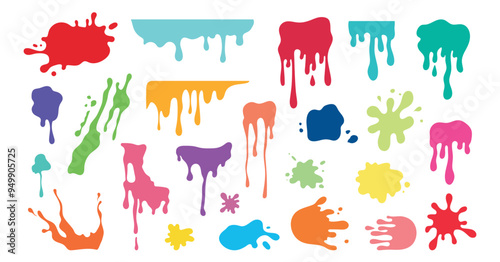 Color paint splash, splatter, blobs set. Multicolor splashes isolated on white background. Vector illustration