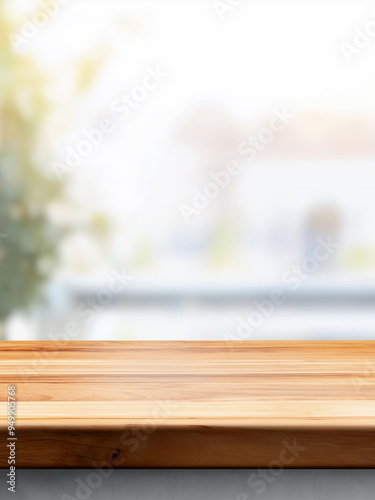 Empty wooden table top with a blurred living room interior background for product display, presentation, or design of a coffee shop, home, and kitchen show concept.
