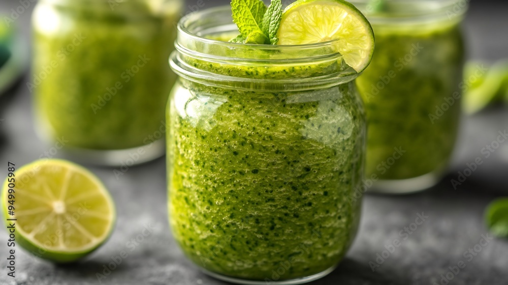 Closeup of smoothie jar filled with a vibrant green detox drink garnished with fresh mint and a slice of lime Closeup of smoothie jar filled with a vibrant green detox drink garnished with fresh mint and a slice of lime