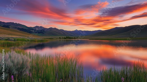 A tranquil mountain lake at sunset, with the sky ablaze with shades of orange, pink, and purple. The lake is calm and still, reflecting the vibrant colors of the sky and the surrounding mountains.