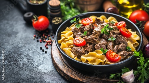 Hearty beef stew served with pasta and cherry tomatoes in a black bowl, surrounded by fresh ingredients and spices on a rustic wooden surface