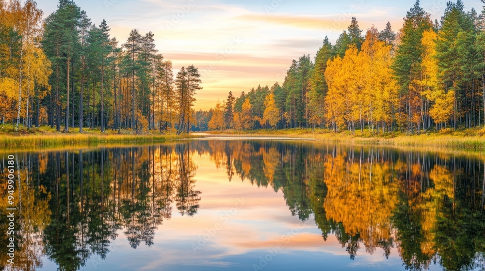 A calm lake surrounded by autumn-colored trees, their leaves reflecting off the still water. The sky is a gradient of warm oranges and pinks as the sun sets in the distance. The water is so clear it A calm lake surrounded by autumn-colored trees, their leaves reflecting off the still water. The sky is a gradient of warm oranges and pinks as the sun sets in the distance. The water is so clear it