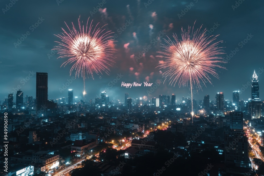 Fireworks Over a City Skyline Collage: Images of vibrant fireworks bursting over a cityscape at midnight, illuminating the night sky. The text Fireworks Over a City Skyline Collage: Images of vibrant fireworks bursting over a cityscape at midnight, illuminating the night sky. The text