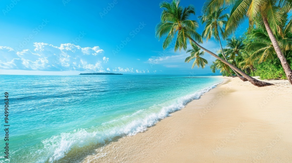 A calm, secluded beach with soft, white sand and crystal-clear water. Palm trees line the shore, and the water is a brilliant shade of turquoise. The sky is a clear, vivid blue with a large, empty A calm, secluded beach with soft, white sand and crystal-clear water. Palm trees line the shore, and the water is a brilliant shade of turquoise. The sky is a clear, vivid blue with a large, empty
