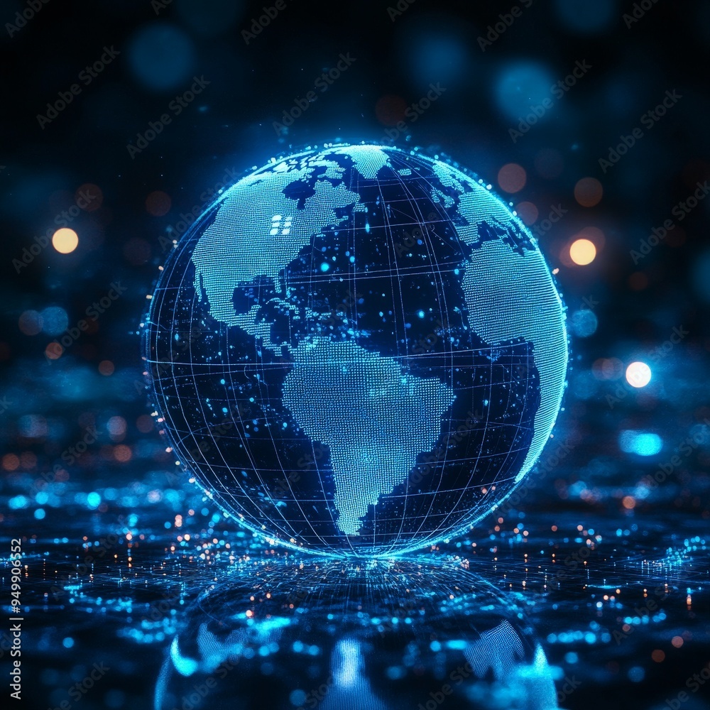 Digital World Map with Glowing Grid and Global Connections Digital World Map with Glowing Grid and Global Connections