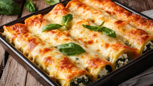 Freshly baked cannelloni pasta stuffed with spinach and cheese, topped with melted cheese and garnished with fresh basil leaves, served in a baking dish