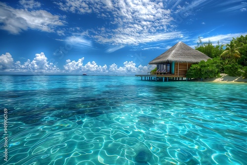 tropical beach at Maldives with few palm trees and blue lagoon