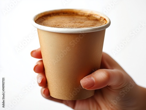 a hand holding a brown paper coffee glass against white background photo