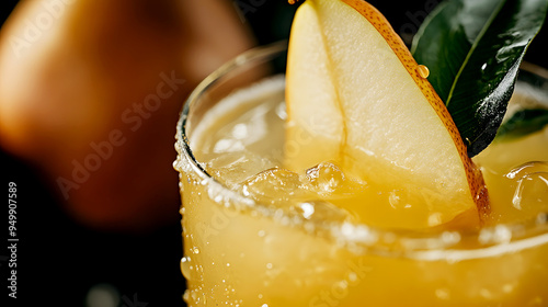 close-up of pear juice with droplets on the glass, garnished with a pear slice and a leaf photo