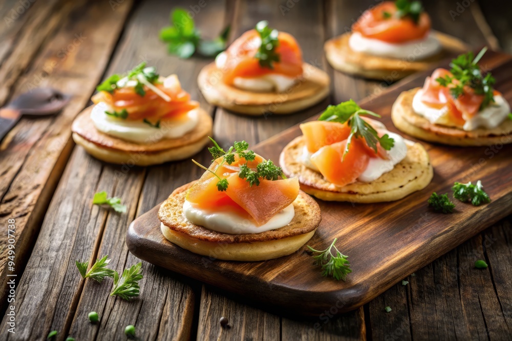 Golden light spills across a composition of smoked salmon blini, cream, and fresh herbs, arranged artfully on a distressed wooden board. Golden light spills across a composition of smoked salmon blini, cream, and fresh herbs, arranged artfully on a distressed wooden board.