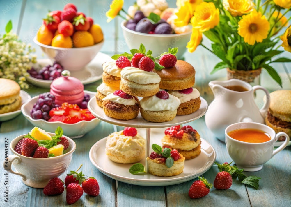 Bright, airy lighting showcases the vibrant colors and sumptuous textures of a generous cream tea arrangement, featuring an assortment of sweet and savory treats. Bright, airy lighting showcases the vibrant colors and sumptuous textures of a generous cream tea arrangement, featuring an assortment of sweet and savory treats.