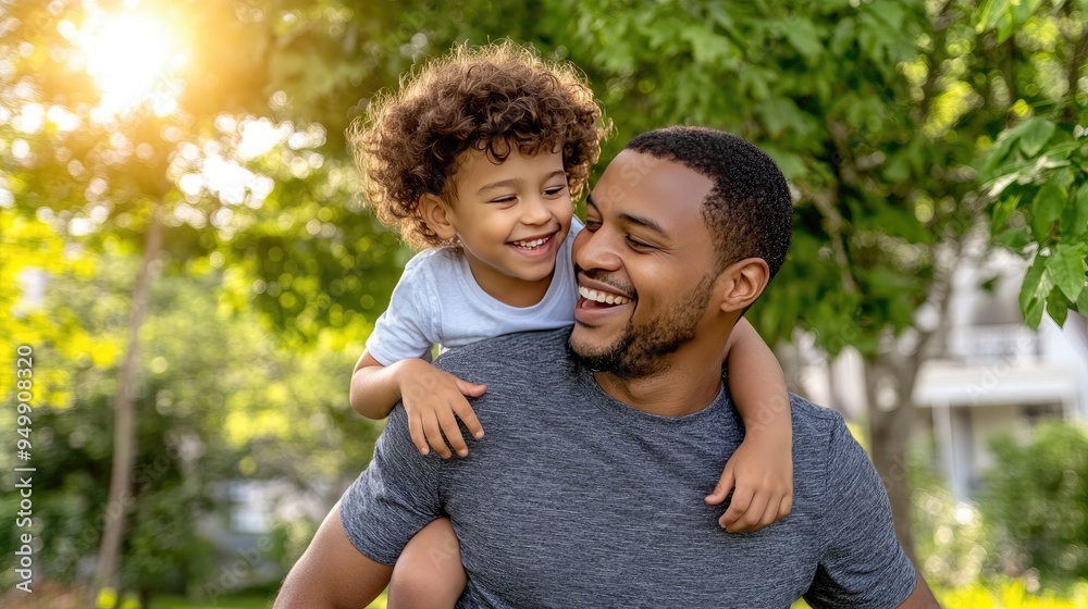 A joyful father embraces his son while both share laughter in a scenic outdoor location, making memories on a special occasion A joyful father embraces his son while both share laughter in a scenic outdoor location, making memories on a special occasion