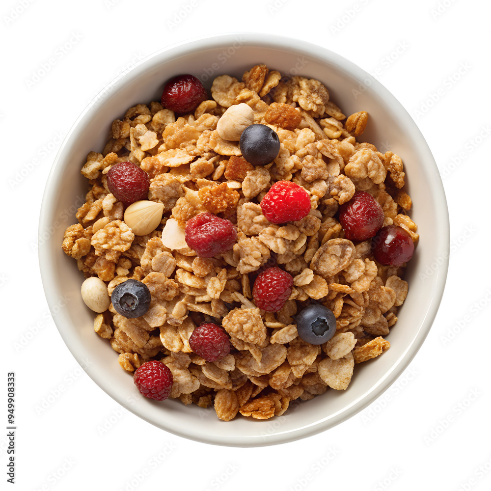 top view, Granola In a white ceramic bowl isolated on transparent background top view, Granola In a white ceramic bowl isolated on transparent background