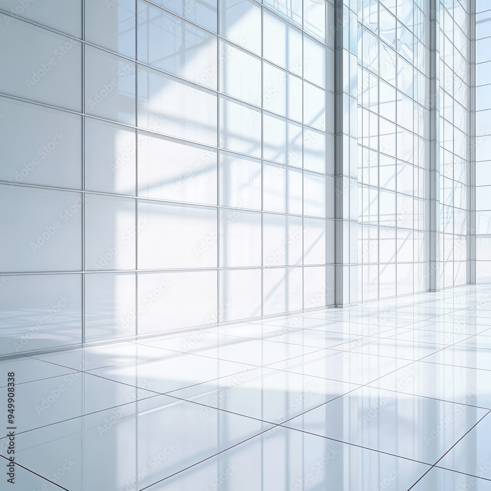Modern glass wall interior with sunlight casting geometric shadows Modern glass wall interior with sunlight casting geometric shadows
