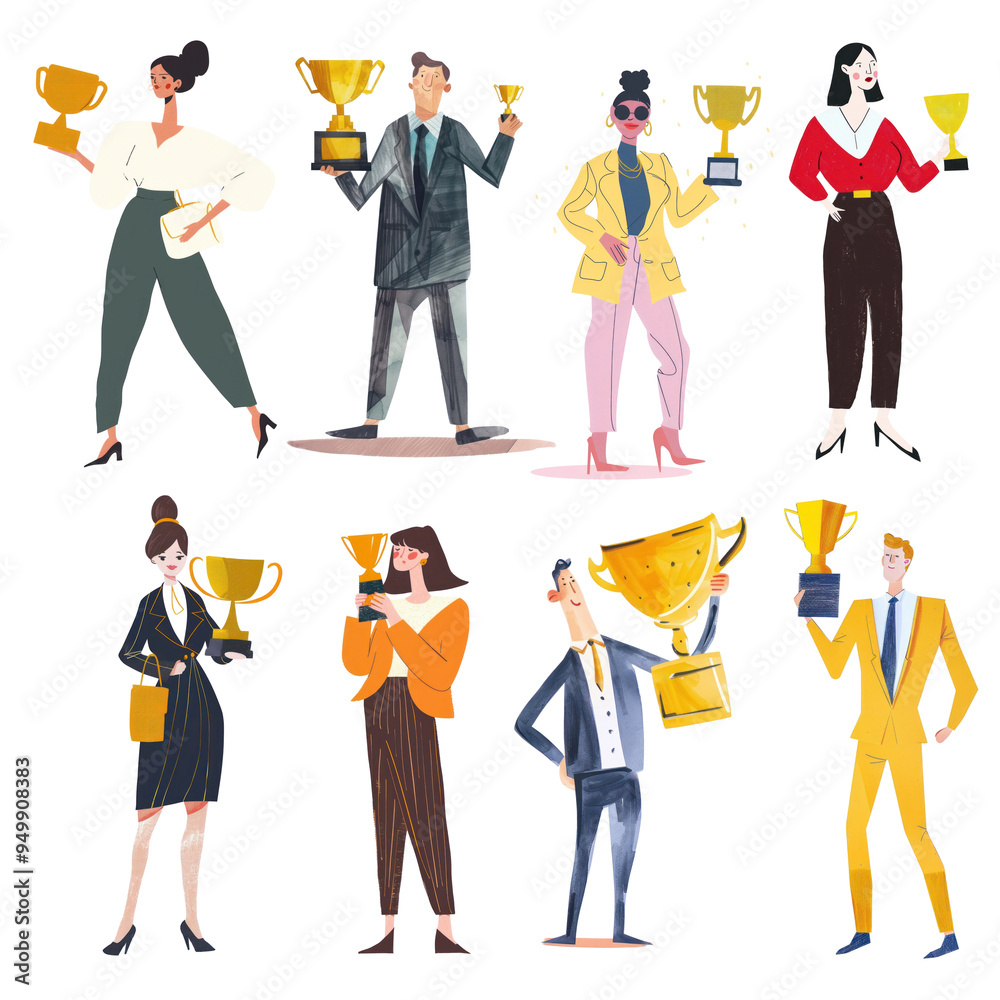 Obraz premium PNG Successful employees holding trophies element set, transparent background