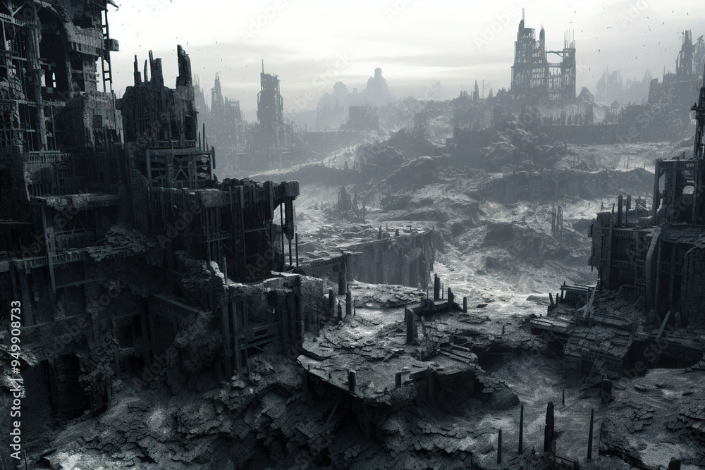 Post-Apocalyptic Cityscape: Crumbling Ruins in a Desolate Landscape Post-Apocalyptic Cityscape: Crumbling Ruins in a Desolate Landscape