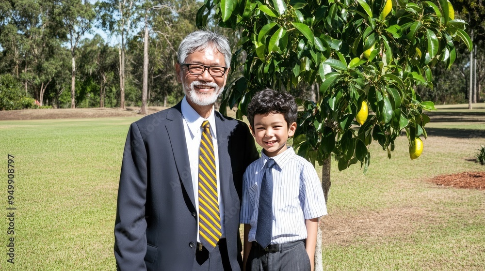 A joyful father embraces his son while both share laughter in a scenic outdoor location, making memories on a special occasion A joyful father embraces his son while both share laughter in a scenic outdoor location, making memories on a special occasion