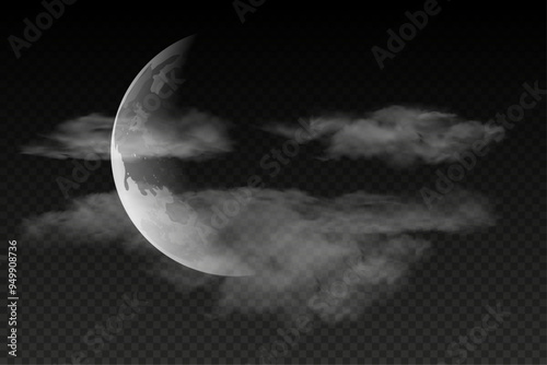 Waning crescent moon with clouds isolated on transparent background, stand alone clouds for your own design, 