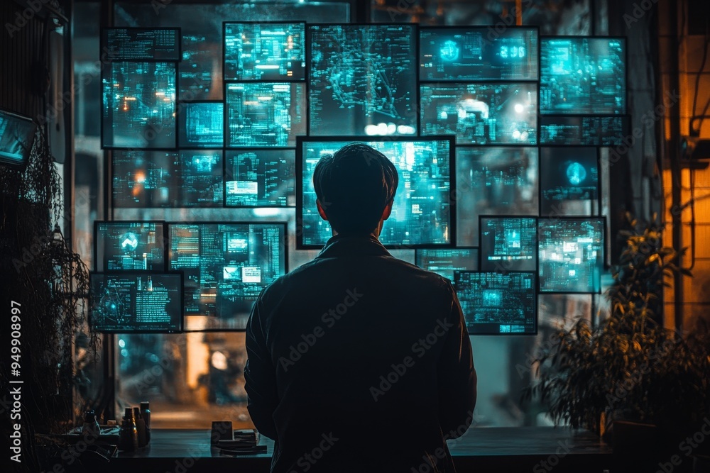 Man working in a futuristic control room with multiple digital screens Man working in a futuristic control room with multiple digital screens