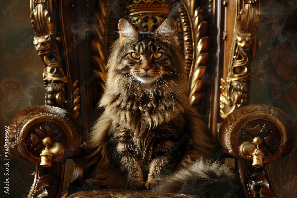 Fototapeta premium A cat lounging on a chair within a warm and inviting room. A regal-looking Maine Coon cat sitting on a throne, AI generated