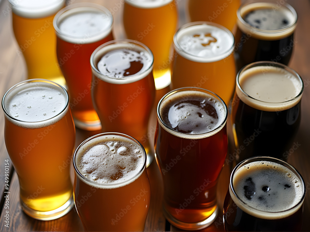 A close-up of beer glasses filled with different types of beer, highlighting the rich variety and foamy textures, ideal for bar, pub, and brewing-related content.
A close-up of beer glasses filled with different types of beer, highlighting the rich variety and foamy textures, ideal for bar, pub, and brewing-related content.