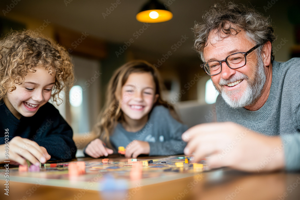 Grandfather playing board game with grandchildren Grandfather playing board game with grandchildren