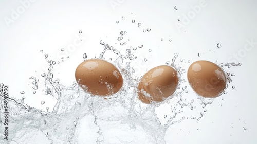 super-realistic close-up of three brown eggs falling into water with droplets on white background product photography photo