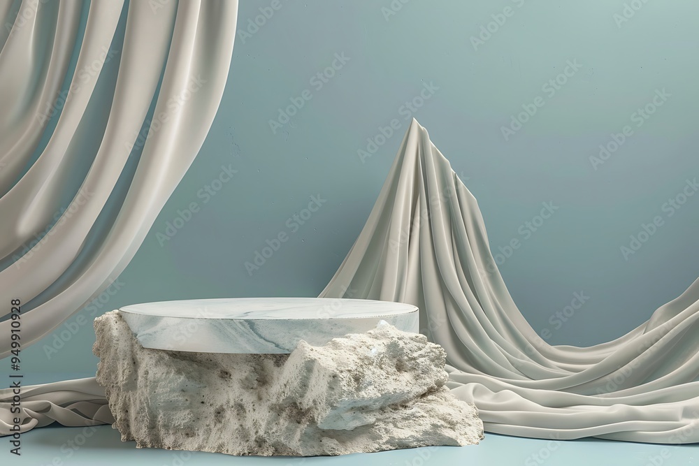 White marble podium with blue curtain on blue background. 3d rendering White marble podium with blue curtain on blue background. 3d rendering