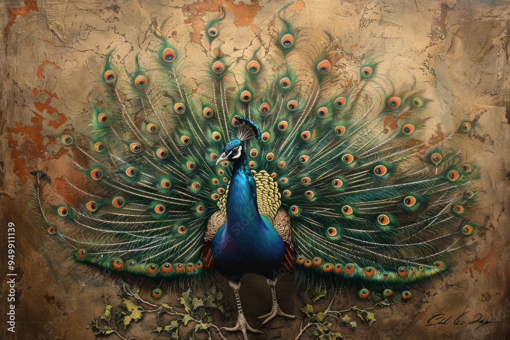 Obraz premium A vibrant painting of a peacock displaying its colorful feathers in an elegant pose, showcasing nature's beauty. A regal peacock displaying its feathers, AI generated