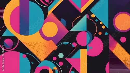 Nostalgic Retro Background, Bold Geometric Shapes with Neon Colors and Iconic