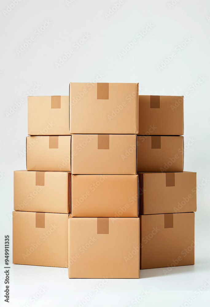 Obraz premium A set of neatly packed cardboard boxes stacked on a white background, with space for promotional text, emphasizing efficiency for moving services.