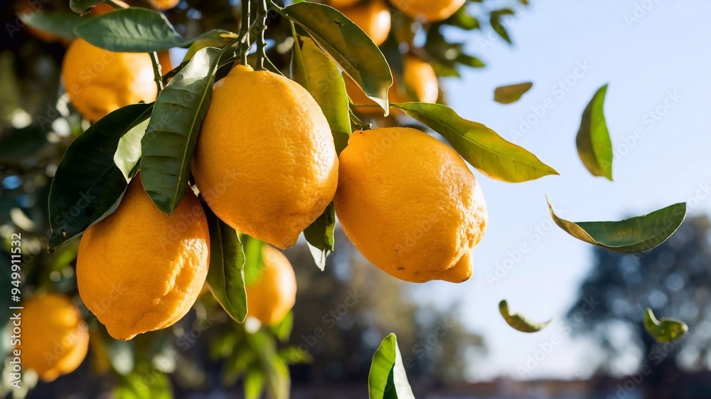 Falling fresh yellow lemons with green leaves isolated on background, citrus fruit flying in the air, summer freshness fruit.