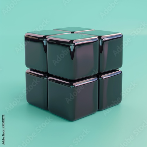 Six black glossy cubes stacked in a 3x2 formation on a turquoise background. photo